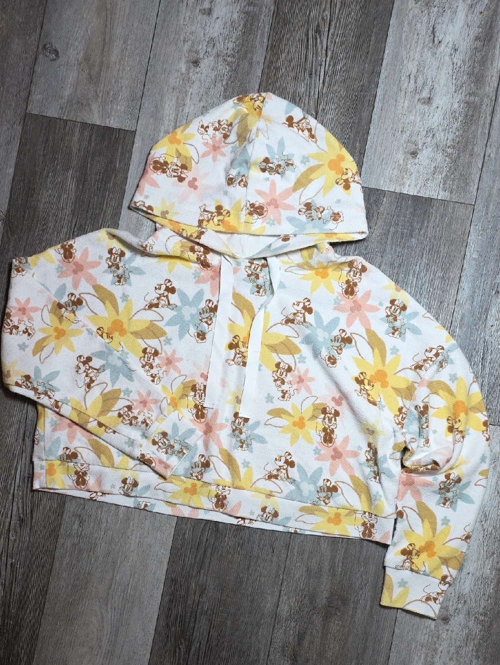 Disney Parks Minnie Mouse Floral  AOP Cropped, Boxy Terry Pullover Hoodie Sz Md